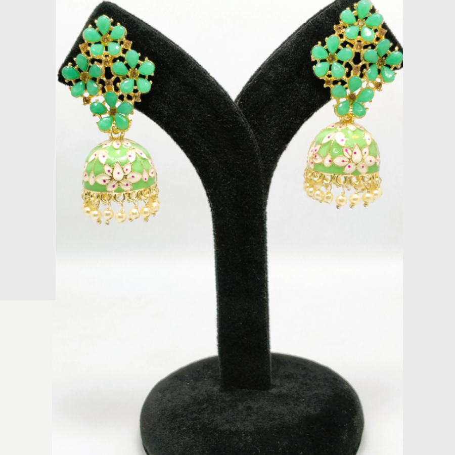Green Floral Kundan Jhumka Earrings with Pearl Drops | Handcrafted Ethnic Enamel Jewellery by Toombox - Image 3