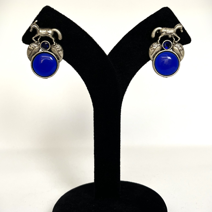 Oxidized Horse Motif Blue Stone Earrings – Bohemian Tribal Jewellery - Image 3