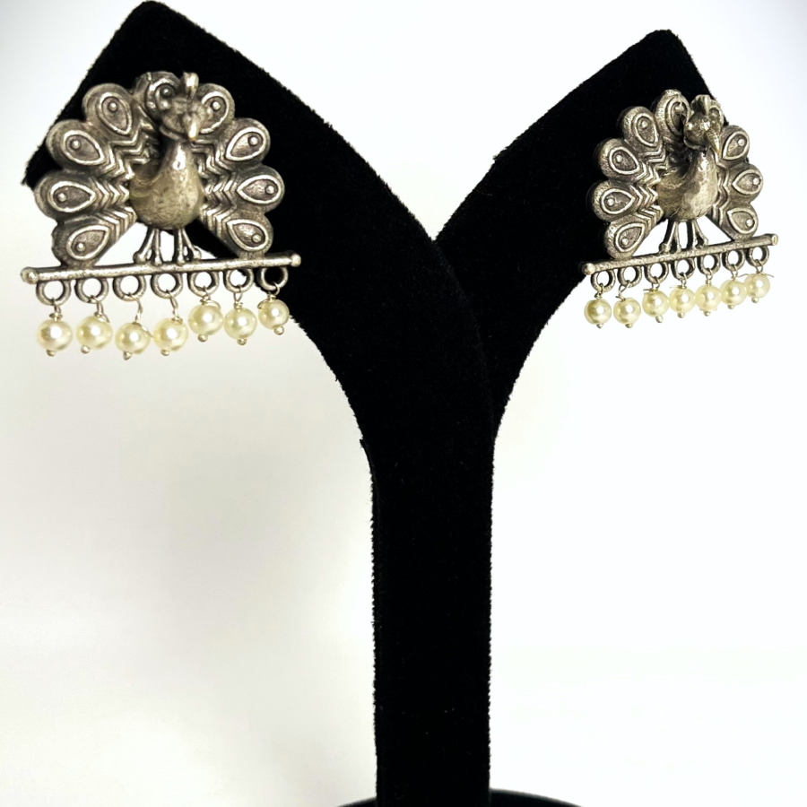 Oxidized Peacock Earrings with Pearl Danglers – Ethnic Statement Jewellery - Image 3