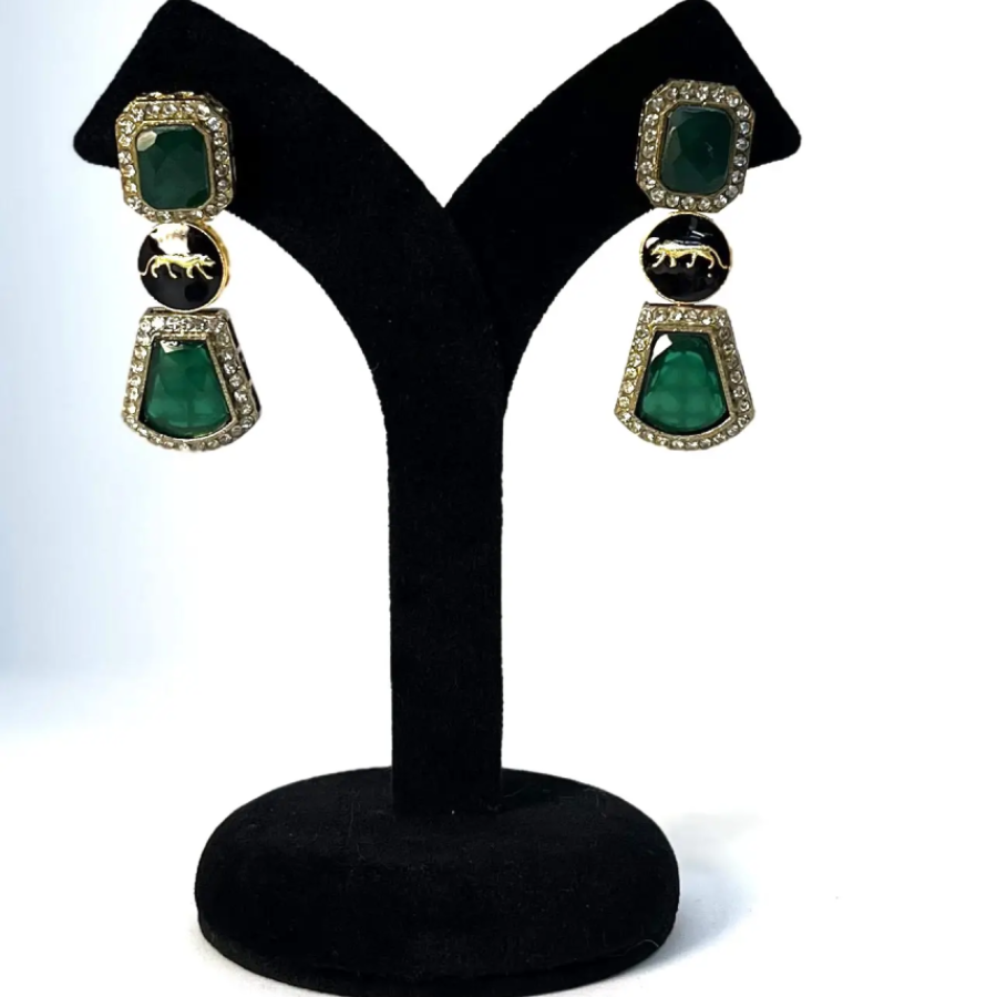 Emerald Green Stone Panther Earrings – Gold Plated Statement Danglers with CZ Accents - Image 4