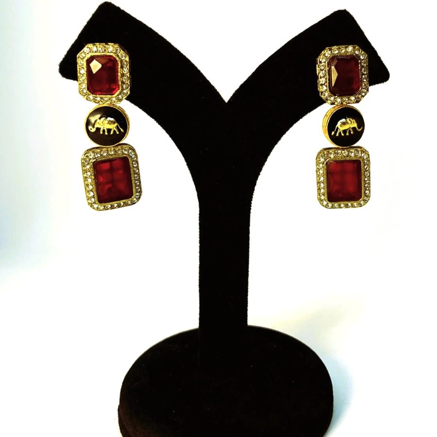 Ruby Red Stone Elephant Earrings – Gold Plated Statement Danglers with CZ Accents - Image 4