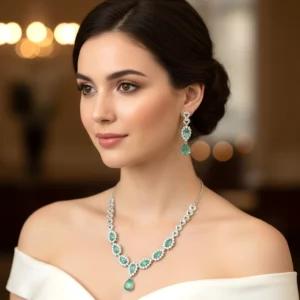 Emerald Green Stone Necklace Set with Earrings – Silver Plated Bridal Jewelry