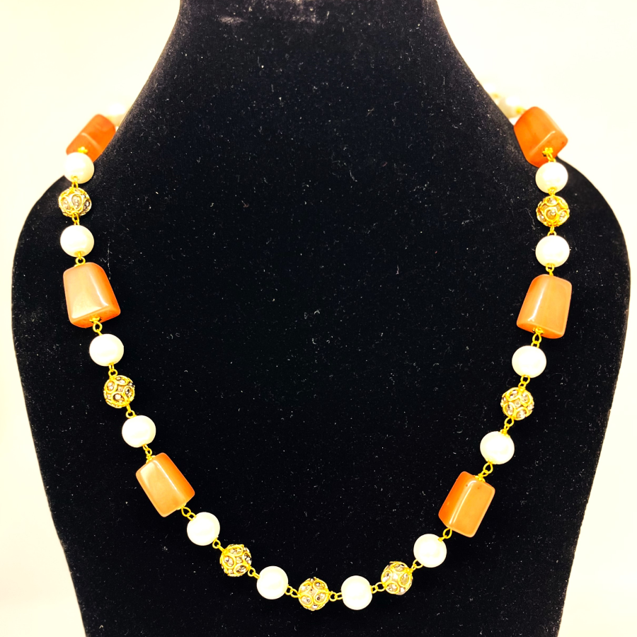 Rust Orange Stone & Pearl Beaded Necklace Set with Earrings – Gold Accent Jewelry - Image 4