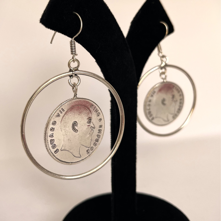 Antique Coin Drop Earrings – Vintage Silver Hoop Design - Image 4