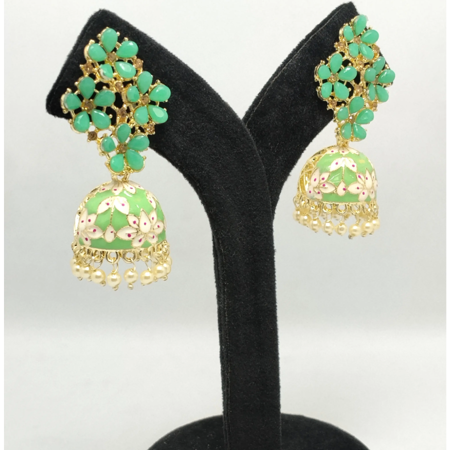Green Floral Kundan Jhumka Earrings with Pearl Drops | Handcrafted Ethnic Enamel Jewellery by Toombox - Image 4
