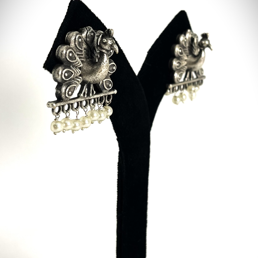 Oxidized Peacock Earrings with Pearl Danglers – Ethnic Statement Jewellery - Image 4