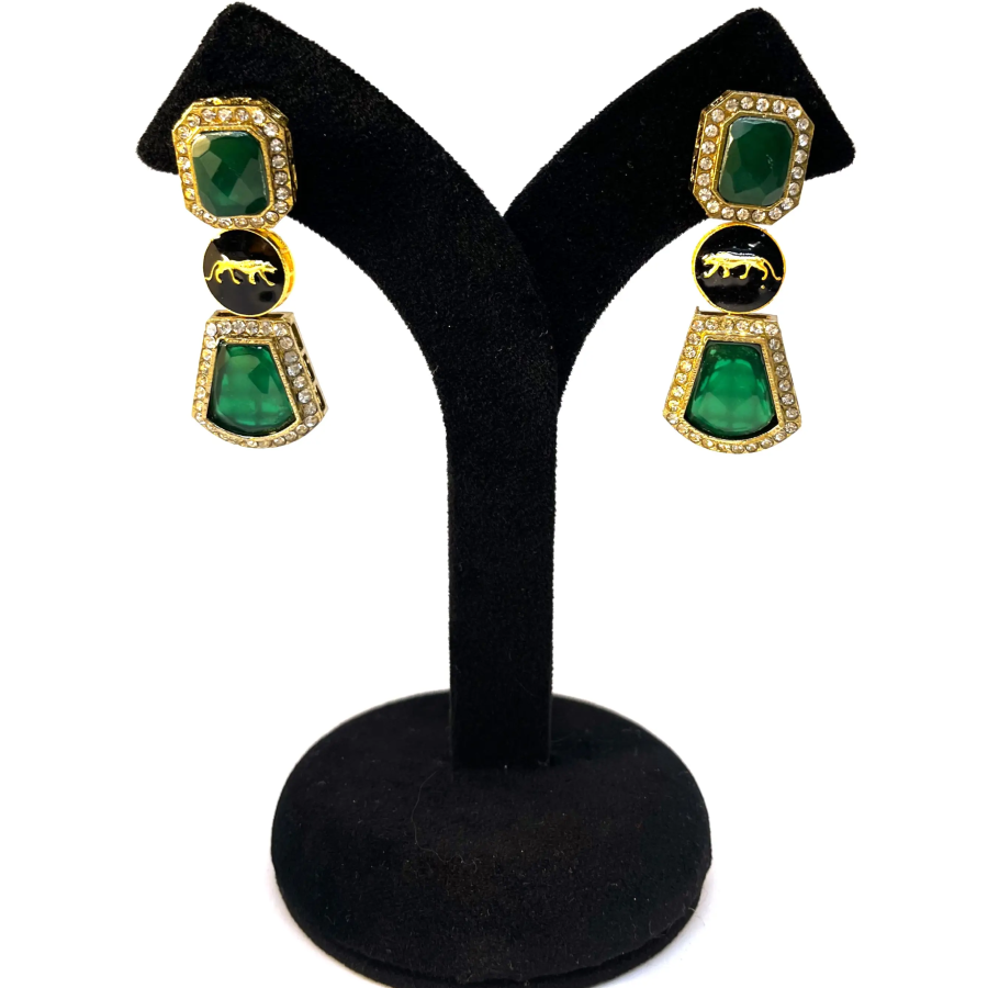 Emerald Green Stone Panther Earrings – Gold Plated Statement Danglers with CZ Accents - Image 5