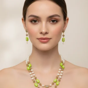 Dual-Layer Green Beaded & Pearl Necklace Set with Matching Earrings