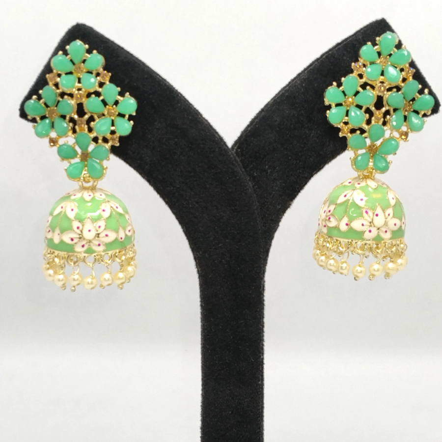 Green Floral Kundan Jhumka Earrings with Pearl Drops | Handcrafted Ethnic Enamel Jewellery by Toombox - Image 5