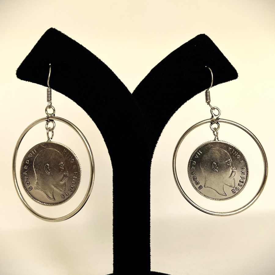 Antique Coin Drop Earrings – Vintage Silver Hoop Design - Image 5