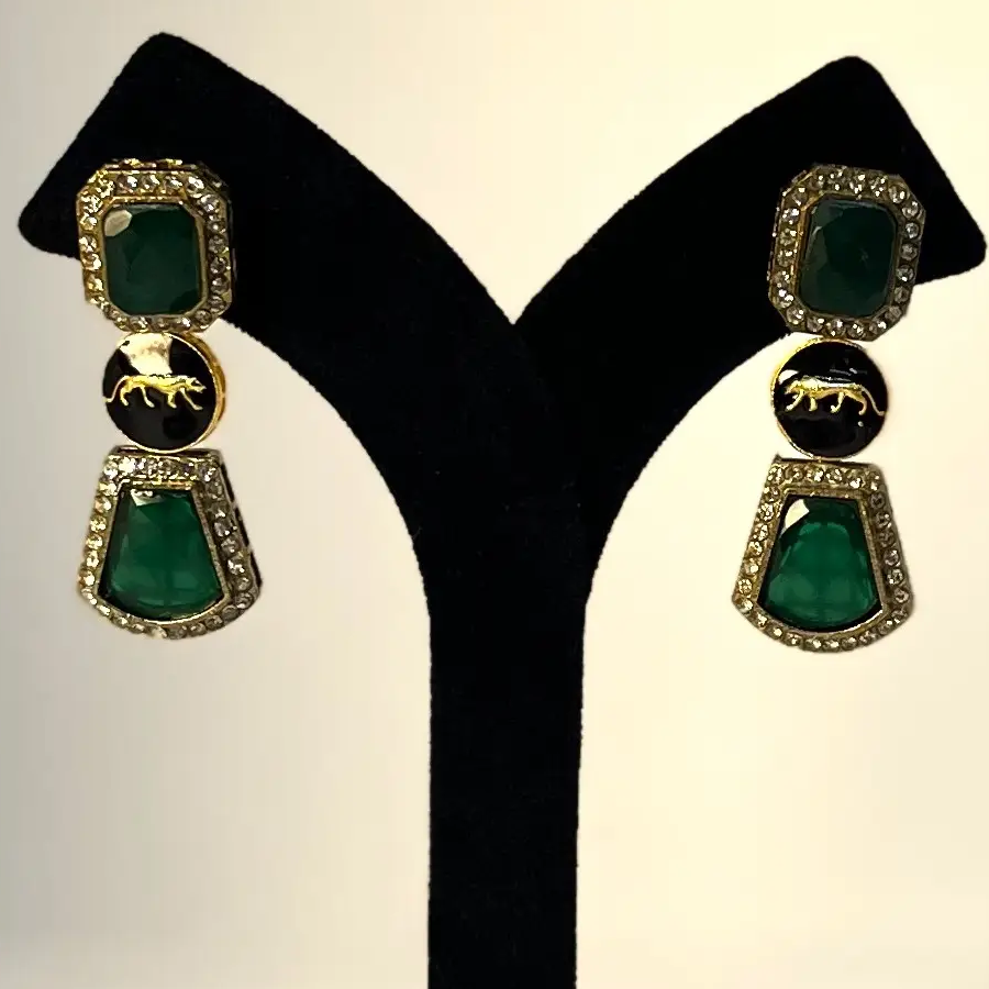 Emerald Green Stone Panther Earrings – Gold Plated Statement Danglers with CZ Accents - Image 6