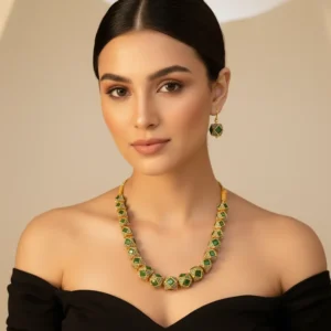 Green Kundan Cube Necklace Set – Gold Plated Traditional Jewellery with Matching Earrings