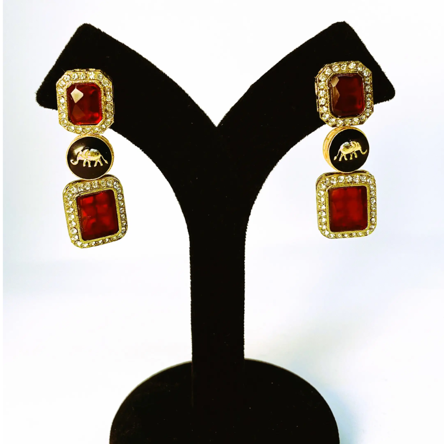 Ruby Red Stone Elephant Earrings – Gold Plated Statement Danglers with CZ Accents - Image 5