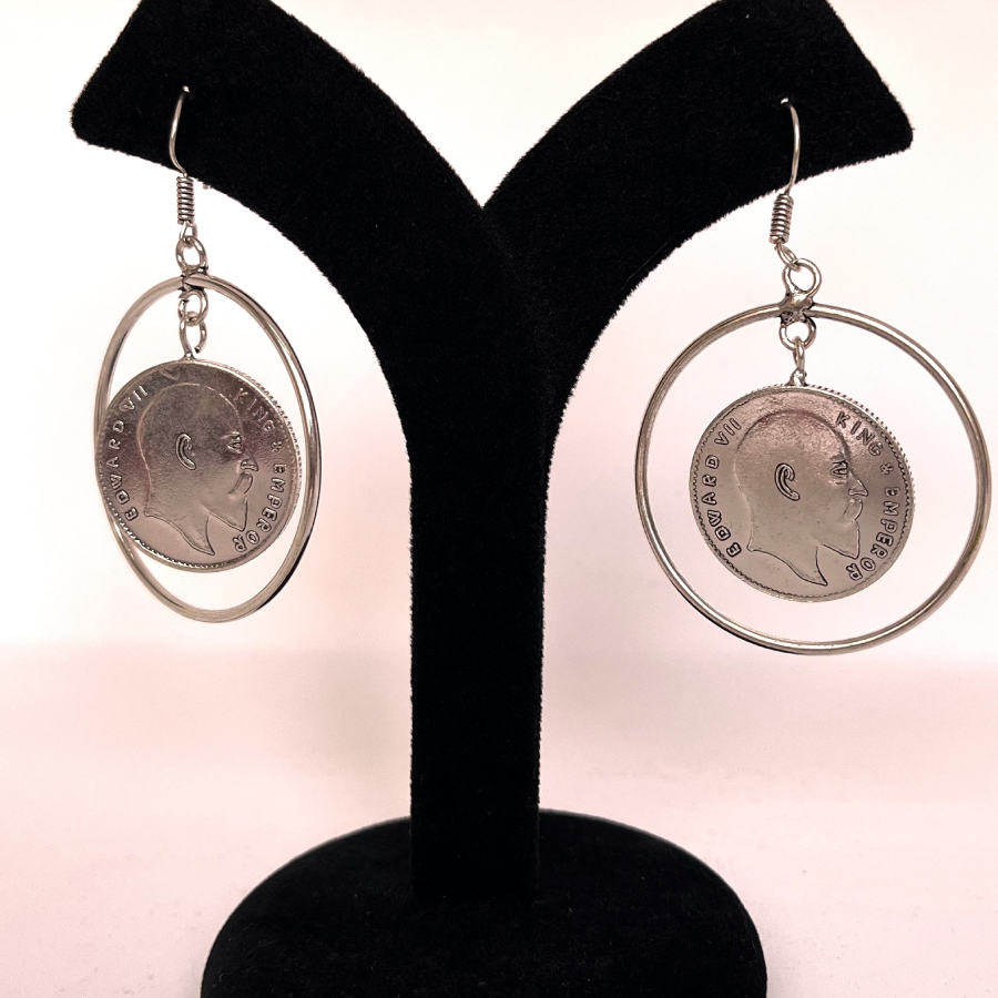 Antique Coin Drop Earrings – Vintage Silver Hoop Design - Image 6