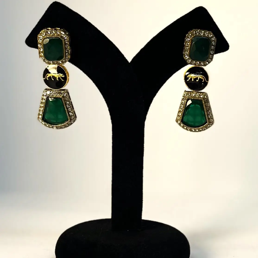 Emerald Green Stone Panther Earrings – Gold Plated Statement Danglers with CZ Accents