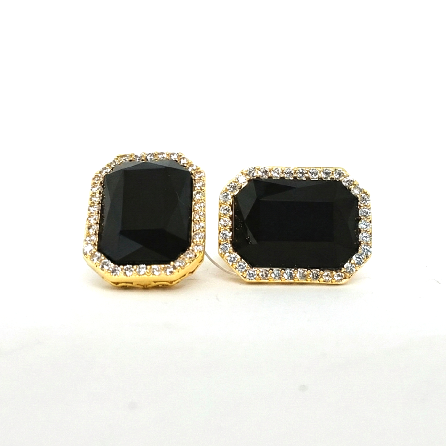 Black Crystal Stud Earrings with Gold Zircon Halo – Midnight Luxe Collection - Image 2