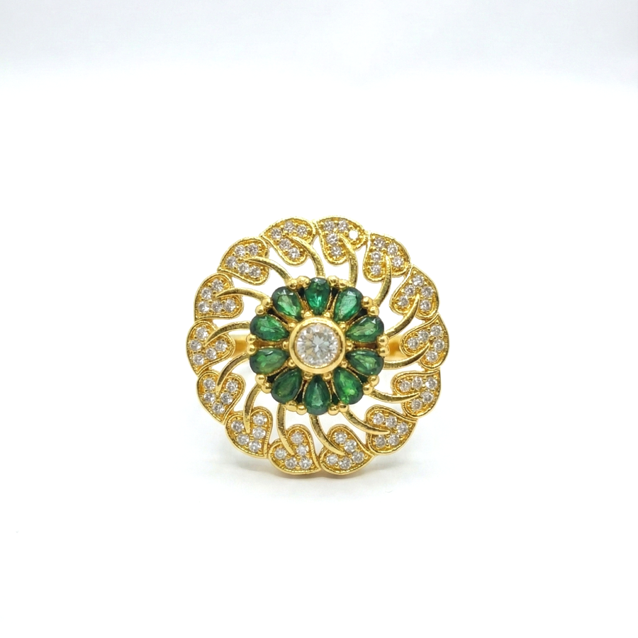 Emerald & CZ Floral Statement Ring – Adjustable Gold Cocktail Ring for Women - Image 2