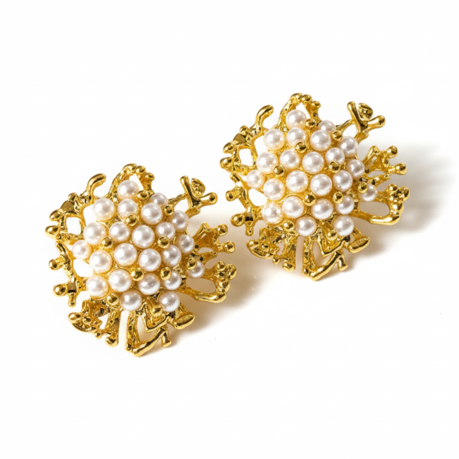 Gold-Plated Floral Earrings with Pearl Cluster – Elegant Statement Jewellery - Image 2