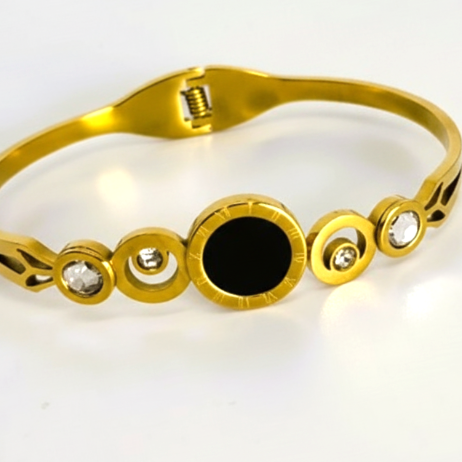 Elegant Gold Plated Black Stone Bracelet with Crystal Accents - Image 2