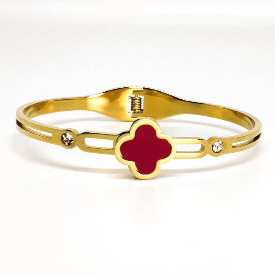Elegant Gold Plated Red Clover Bracelet with Crystals - Image 2