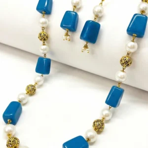 Blue Stone & Pearl Beaded Necklace Set with Earrings – Gold Accents