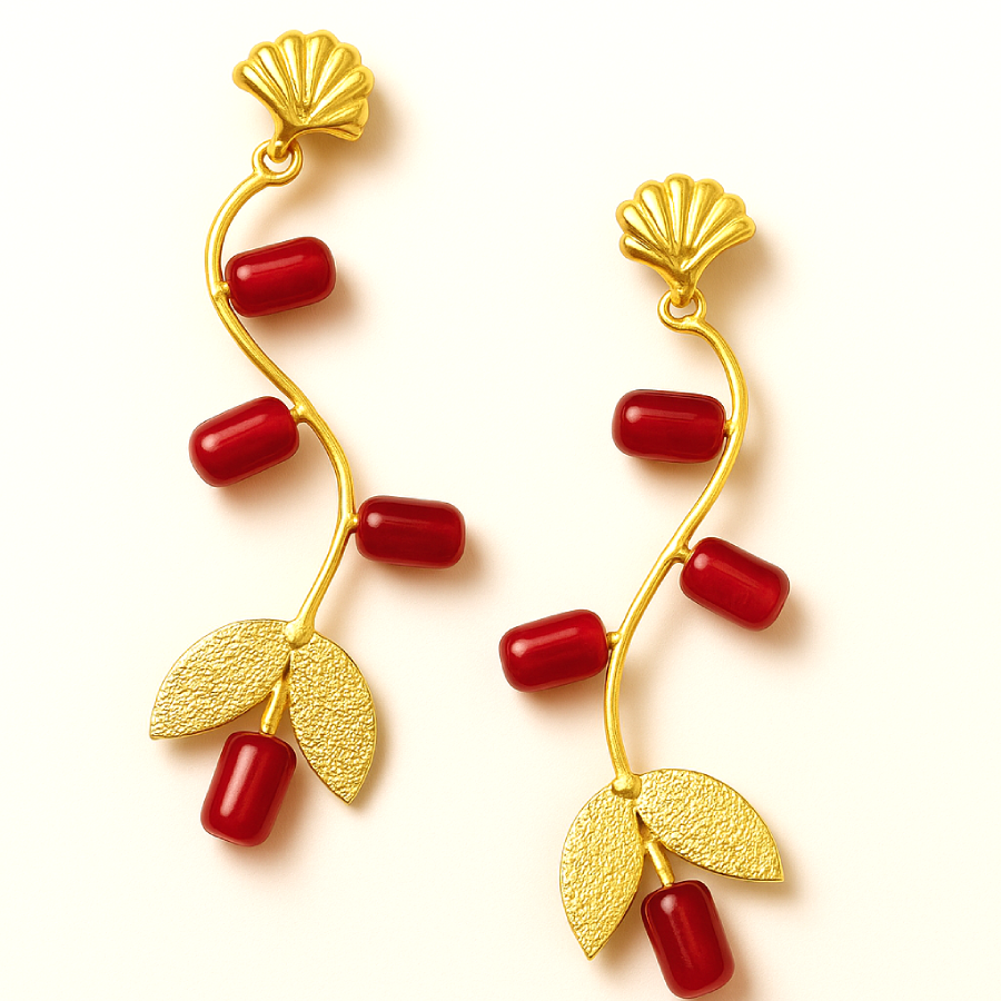 Artistic Gold Plated Red Stone Leaf Drop Earrings - Image 2