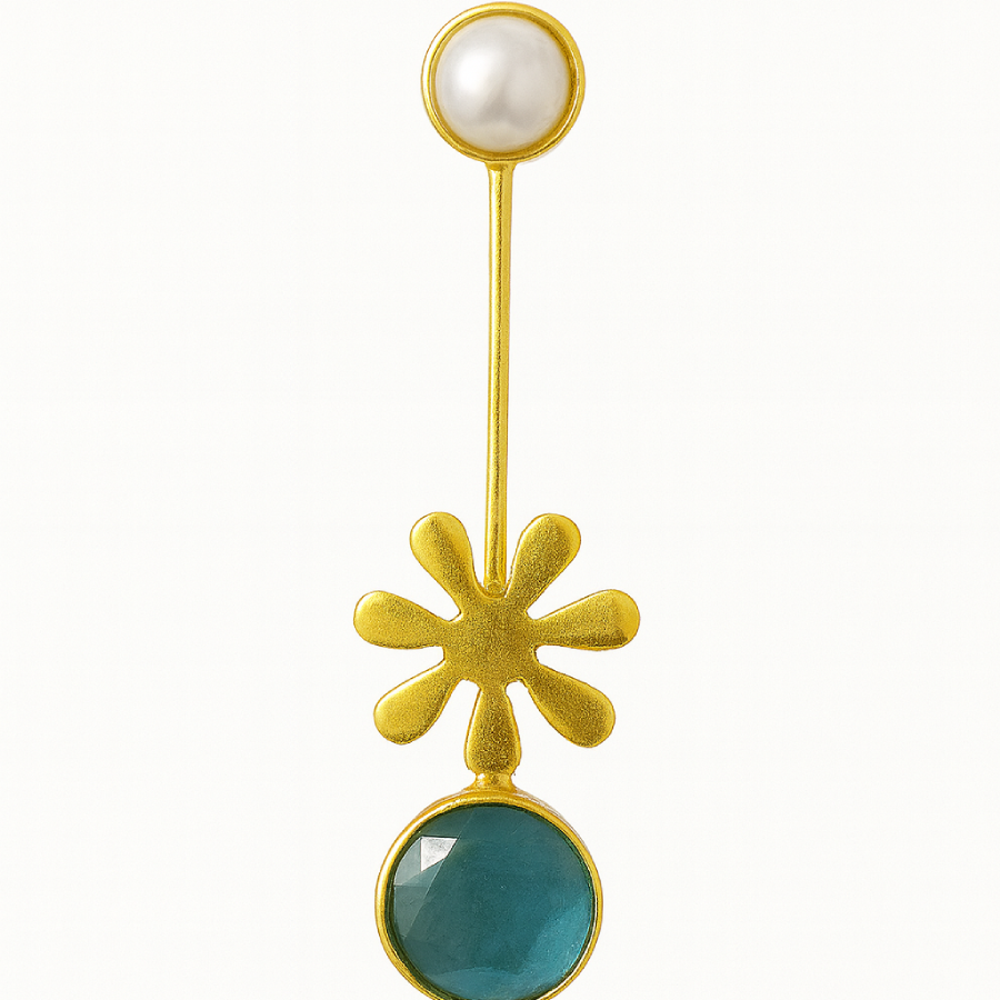 Gold Plated Modern Pearl & Green Stone Drop Earrings - Image 2