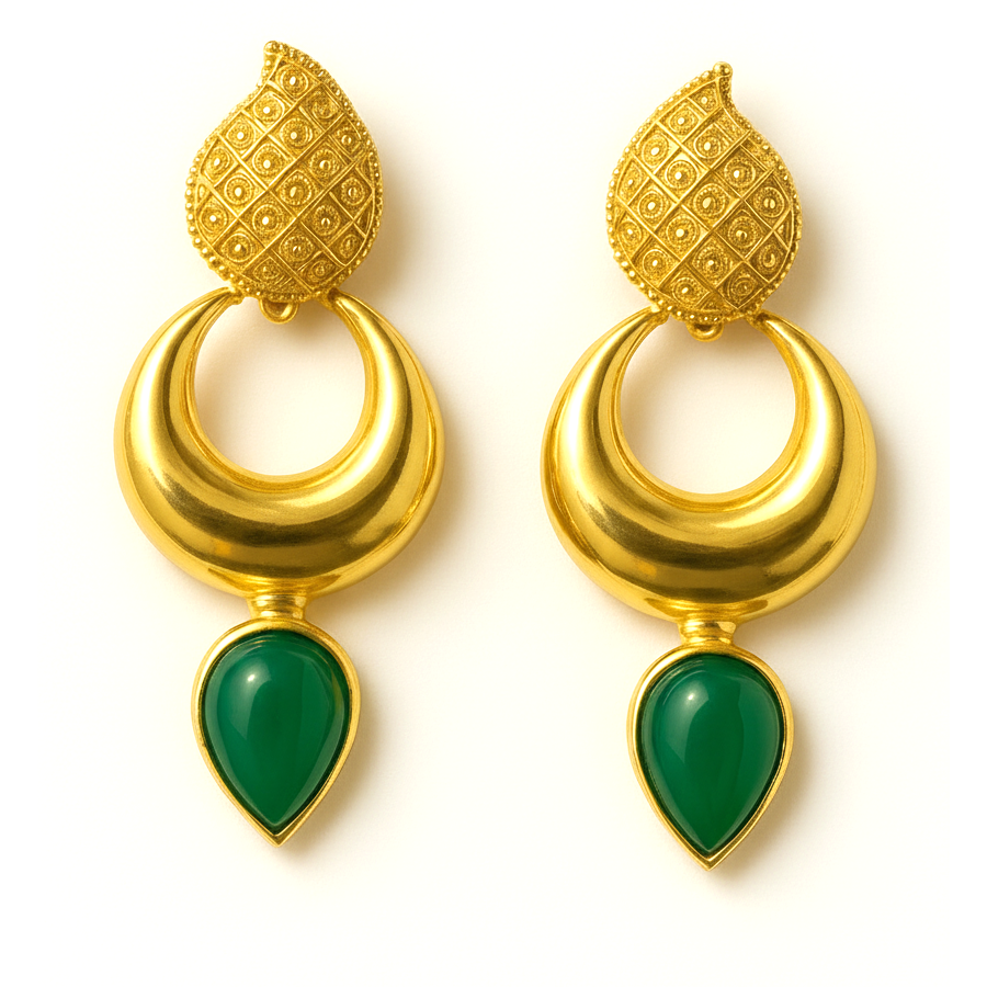 Traditional Gold Plated Green Stone Crescent Drop Earrings - Image 2