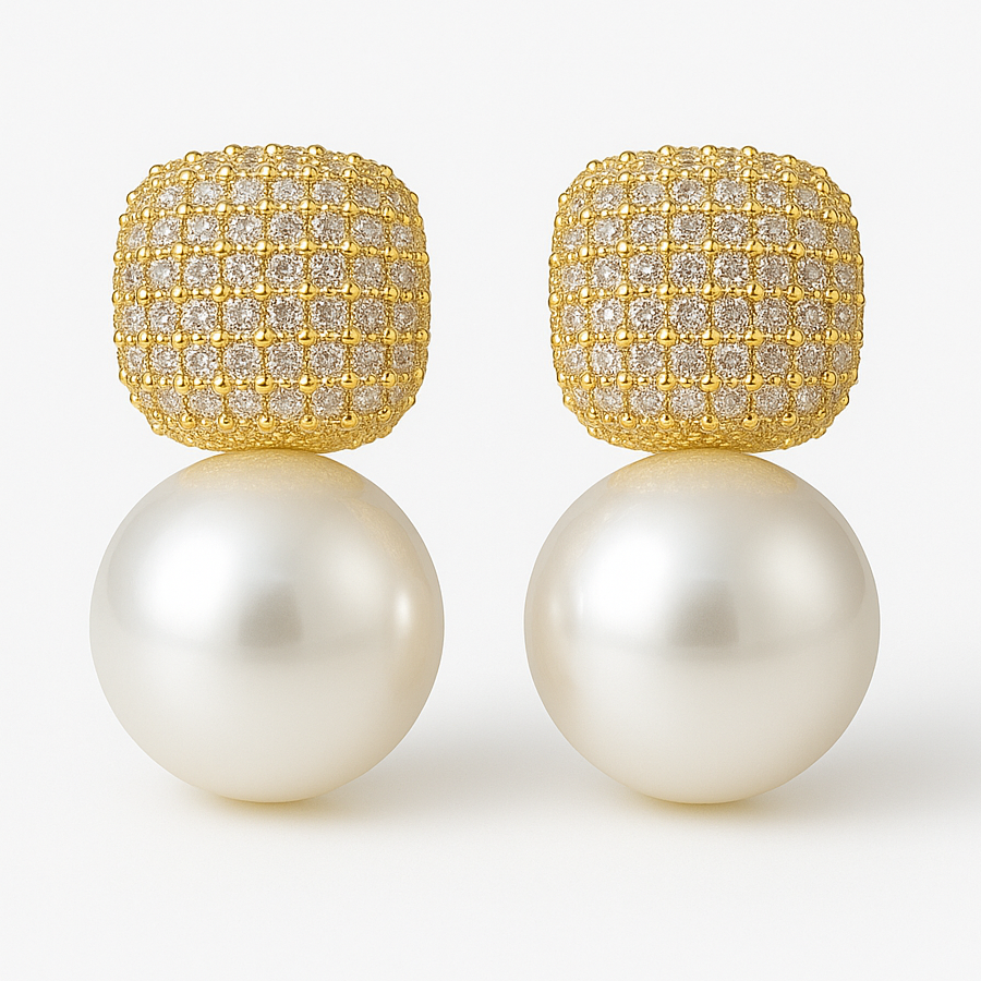 Elegant Gold Plated Pearl & Crystal Stud Earrings - Image 3