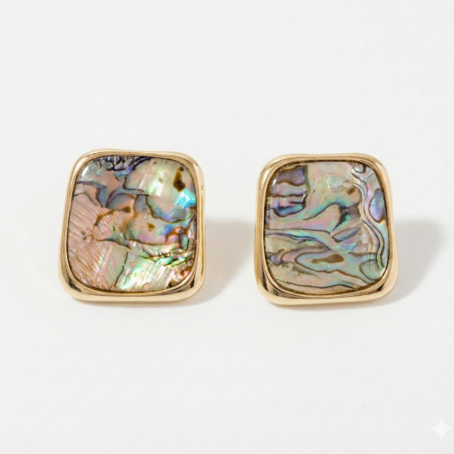 Square Abalone Shell Statement Stud Earrings with Gold-Tone Frame – Iridescent Luxury Jewelry - Image 2