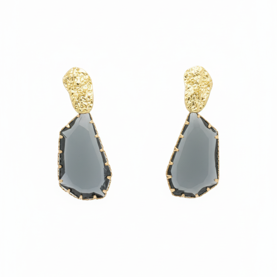 Grey Stone Drop Earrings with Textured Gold Studs – Modern Minimalist Statement Jewelry - Image 2