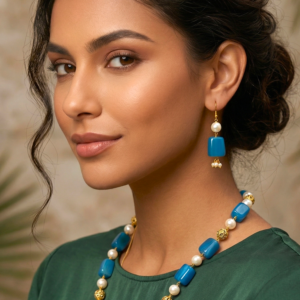 Blue Stone & Pearl Beaded Necklace Set with Earrings – Gold Accents