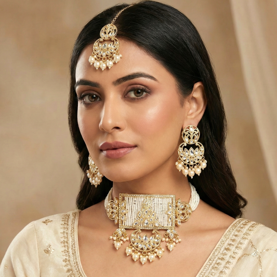 Traditional Kundan Pearl Choker Necklace Set with Maang Tikka