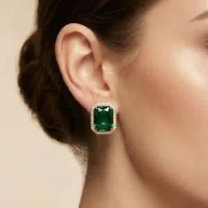 Emerald Green Crystal Stud Earrings with Gold Zircon Halo – Royal Glamour Collection