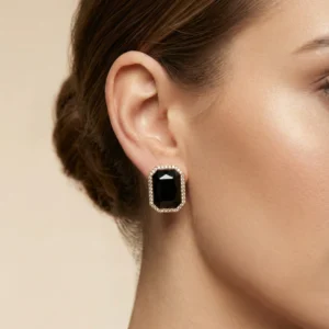 Black Crystal Stud Earrings with Gold Zircon Halo – Midnight Luxe Collection