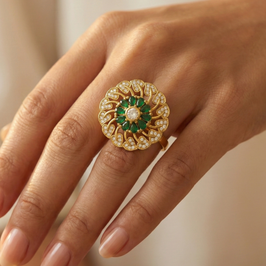 Emerald & CZ Floral Statement Ring – Adjustable Gold Cocktail Ring for Women