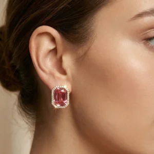 Rose Pink Crystal Stud Earrings with Gold Zircon Halo – Elegant Cocktail & Festive Jewelry