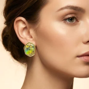 Iridescent Abalone Shell Stud Earrings with Gold-Tone Frame – Premium Statement Accessory