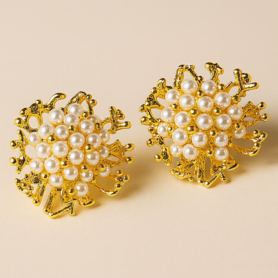 Gold-Plated Floral Earrings with Pearl Cluster – Elegant Statement Jewellery - Image 3