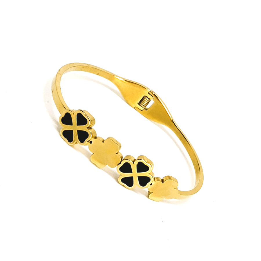 Stylish Gold Plated Clover Bracelet with Black Enamel - Image 3