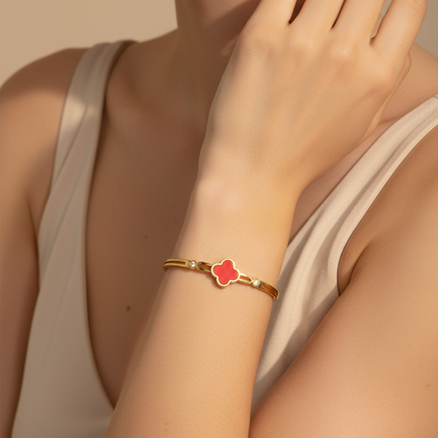 Elegant Gold Plated Red Clover Bracelet with Crystals