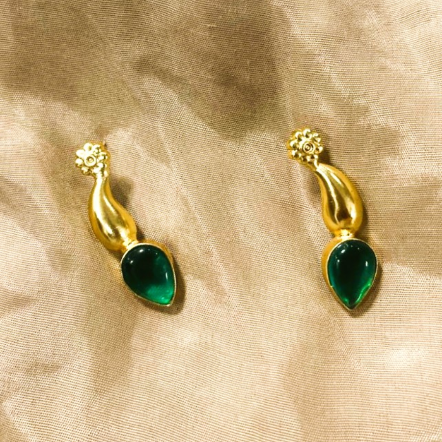 Elegant Gold Plated Green Stone Drop Earrings - Image 3