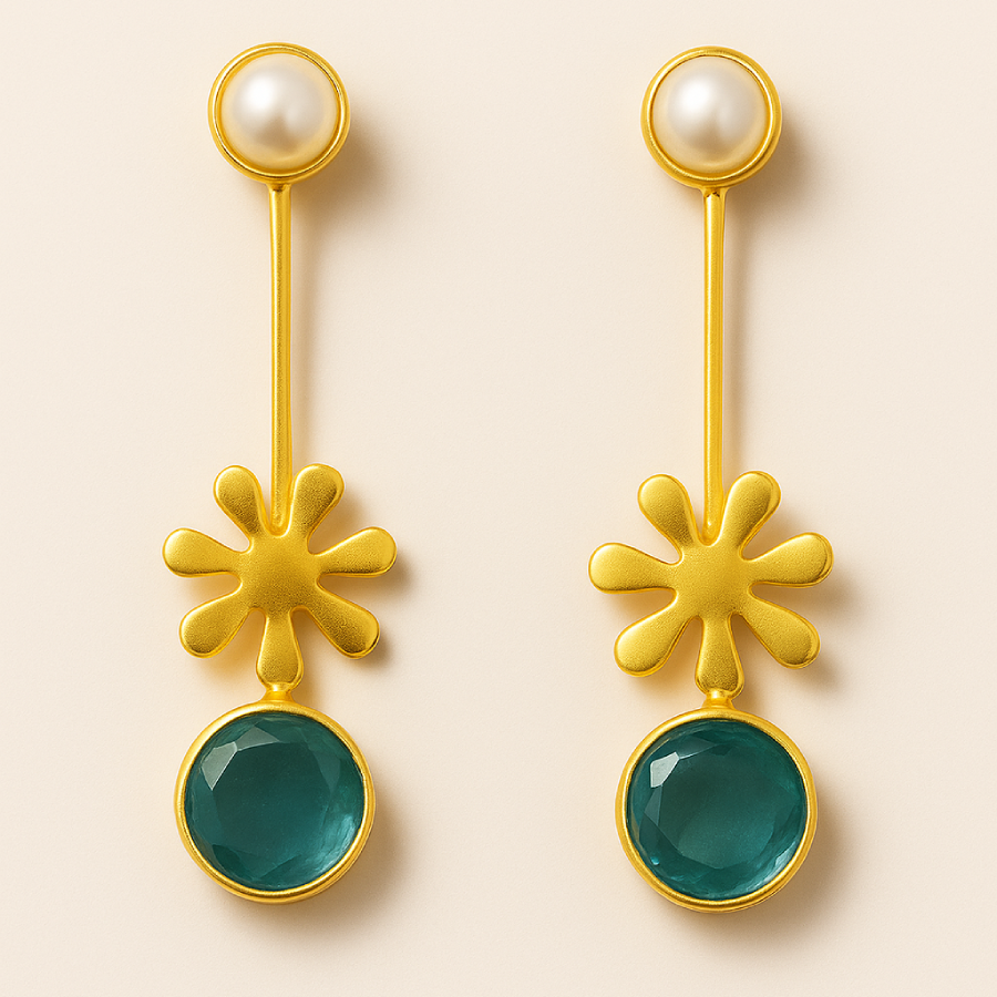 Gold Plated Modern Pearl & Green Stone Drop Earrings - Image 3