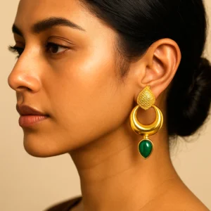 Traditional Gold Plated Green Stone Crescent Drop Earrings