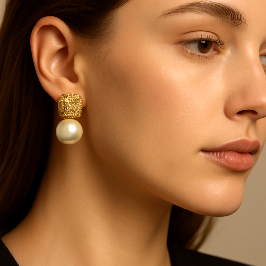 Elegant Gold Plated Pearl & Crystal Stud Earrings