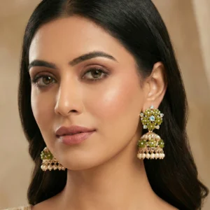 Green Floral Stone Jhumka Earrings with Pearls – Festive Traditional Indian Jewelry for Women