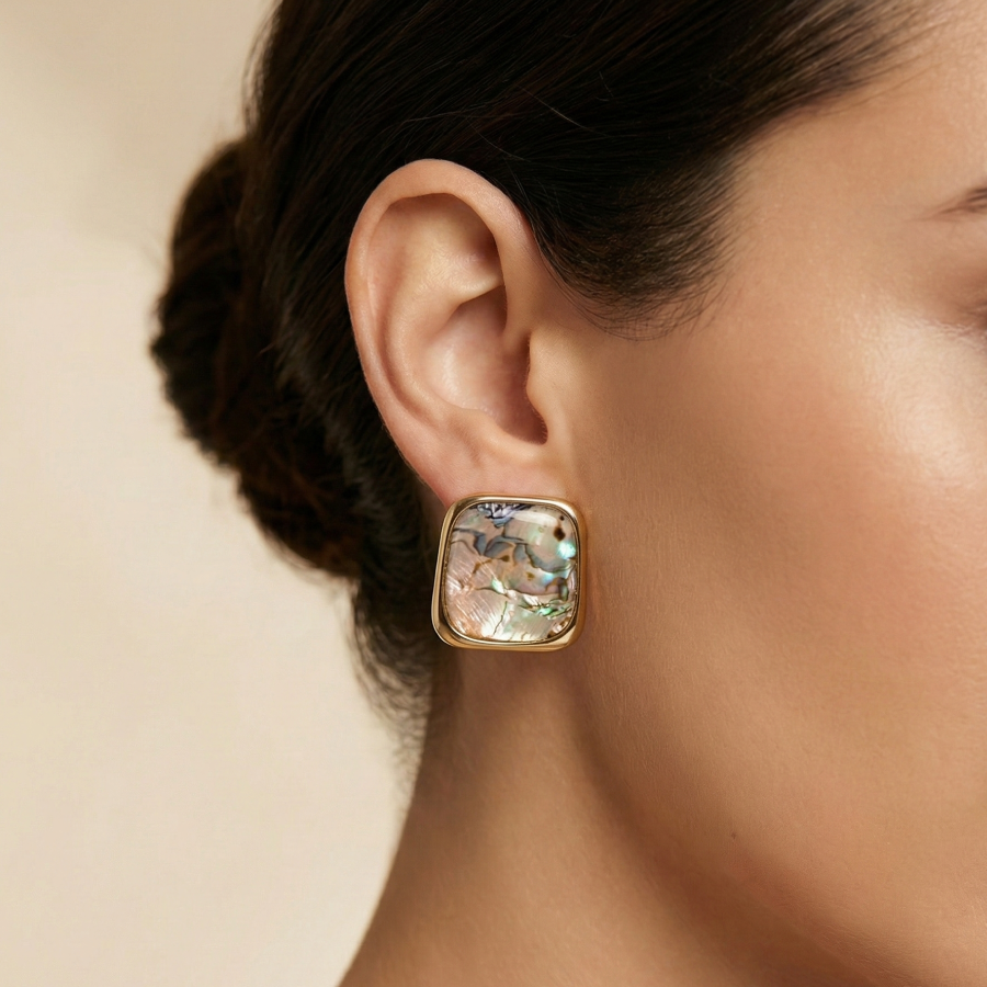 Square Abalone Shell Statement Stud Earrings with Gold-Tone Frame – Iridescent Luxury Jewelry