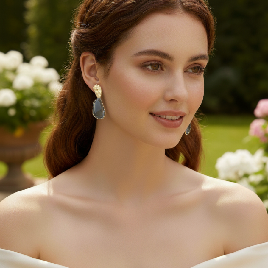Grey Stone Drop Earrings with Textured Gold Studs – Modern Minimalist Statement Jewelry