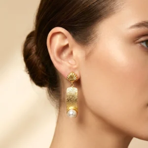 Gold Textured Shell Drop Earrings with Pearl Accent – Vintage Coastal Elegance