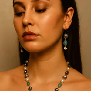 Aqua & Pearl Beaded Necklace Set with Drop Earrings